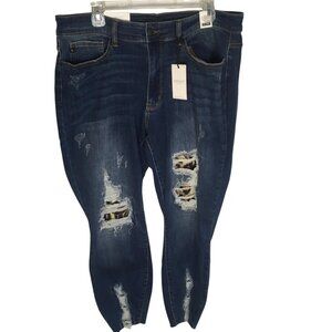 Judy Blue Jeans Womens 18W Dark Wash High Waist Skinny Distressed Leopard Patch